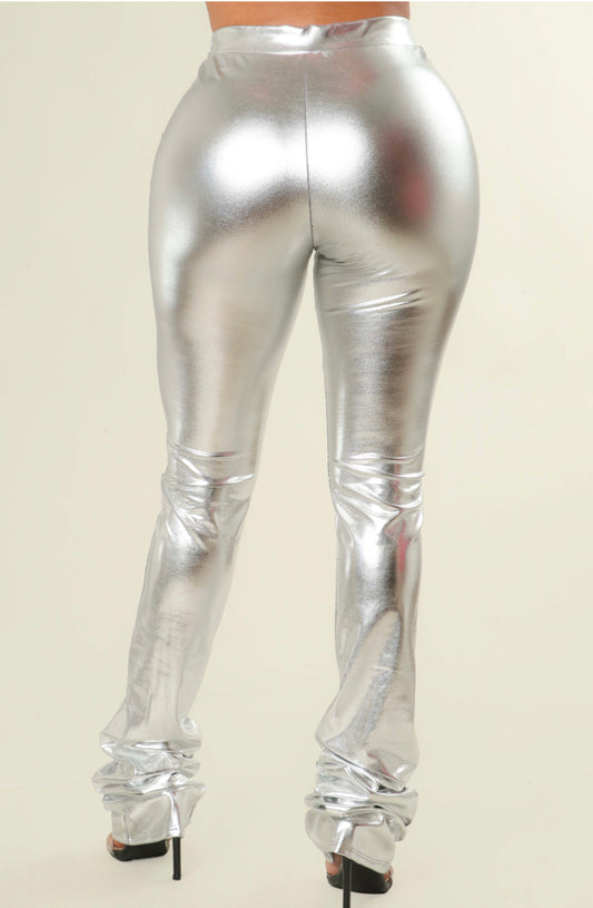 Metallic High Waist Stack Pants - Silver