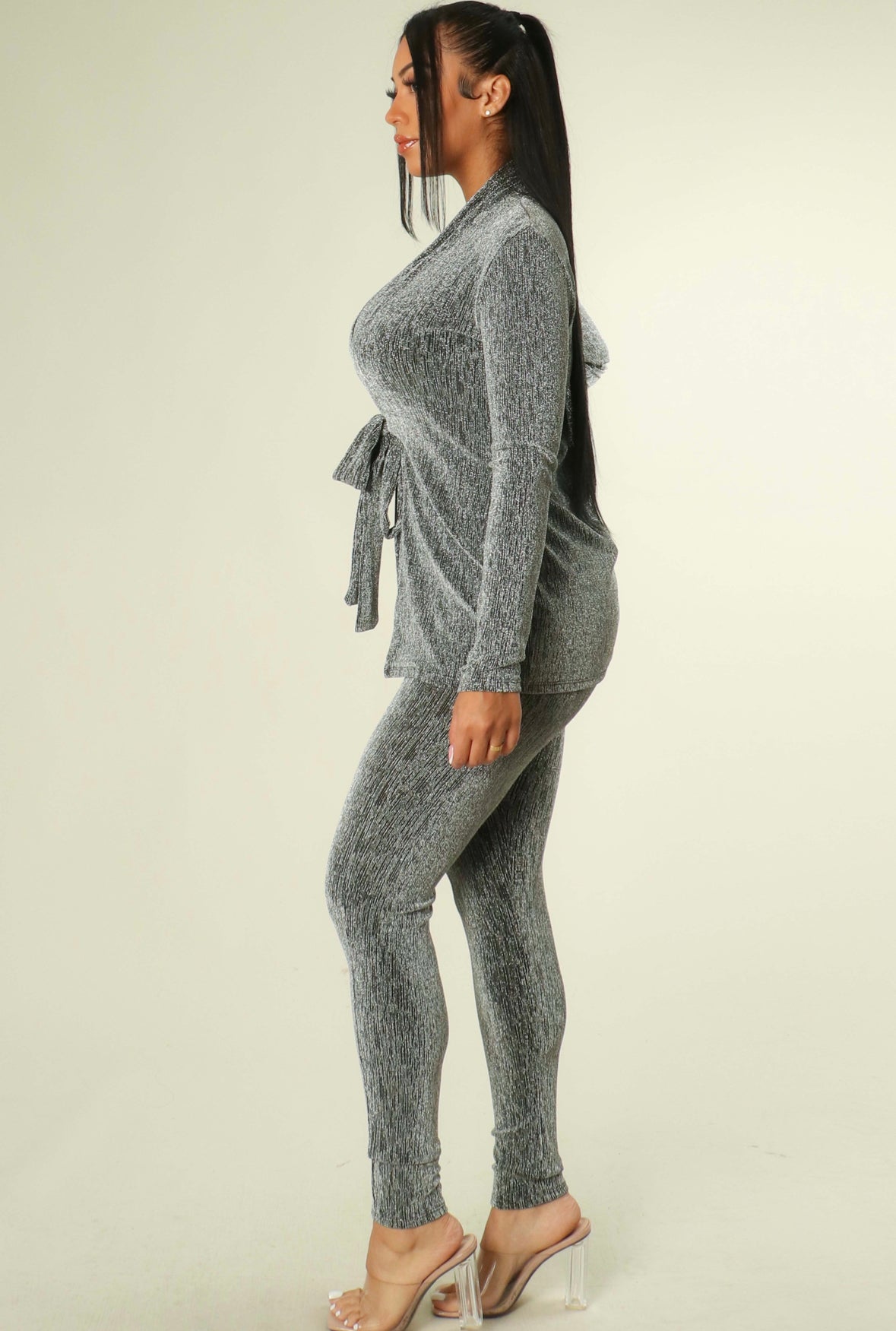 Glitter Deep V-Neck Top and Legging Set - Silver