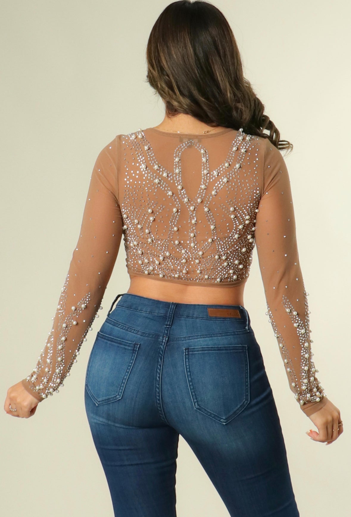 Pearl and Rhinestone Mesh Crop Top - Nude