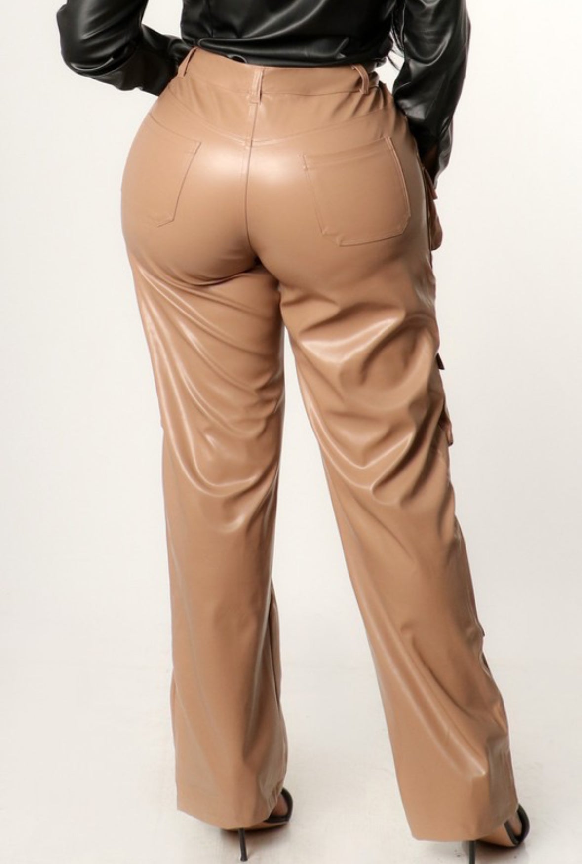 Faux Leather Cargo Pants - Taupe