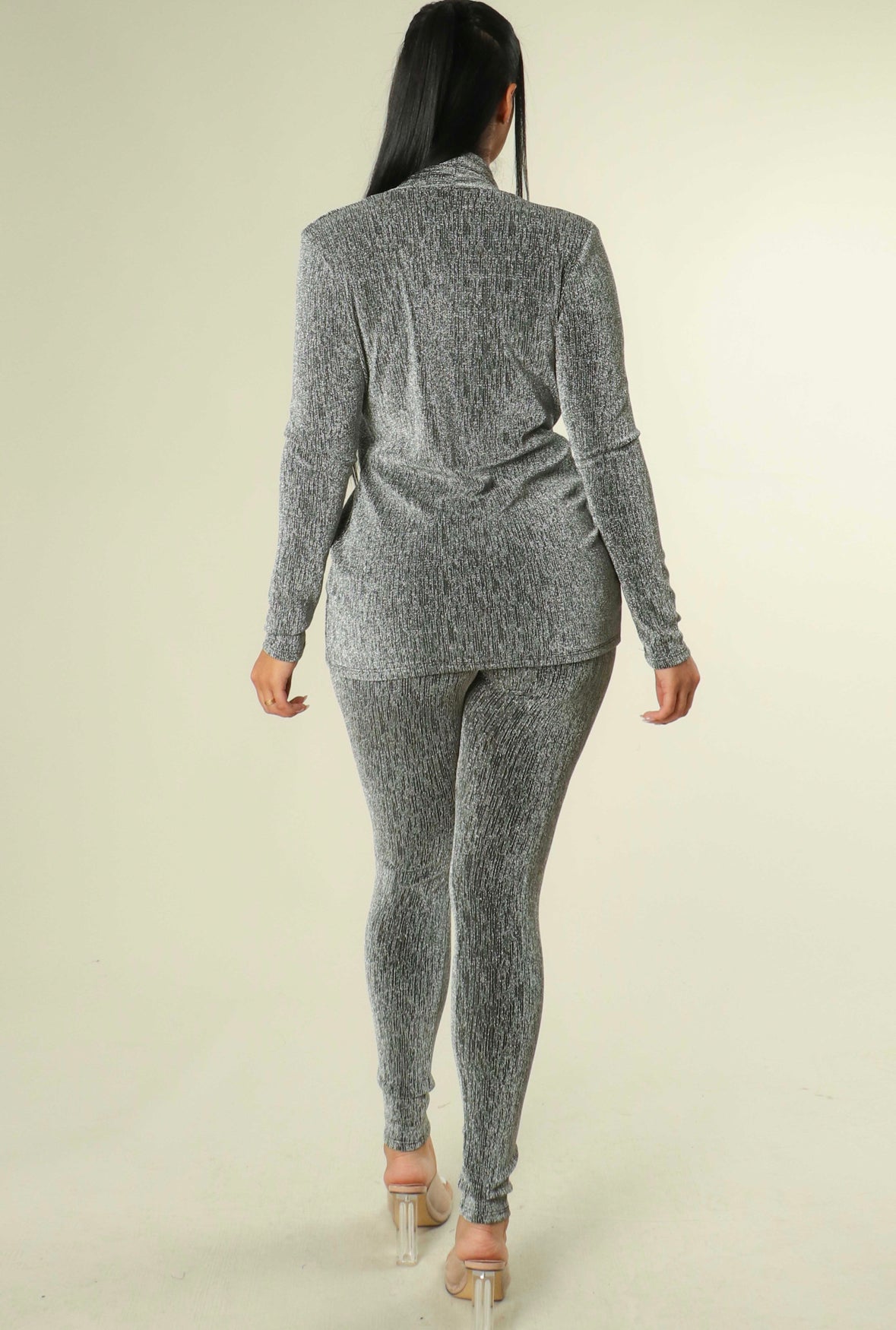 Glitter Deep V-Neck Top and Legging Set - Silver