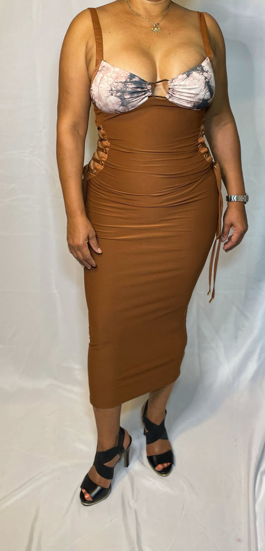 Johanny Marble Print Dress - Brown/Camel