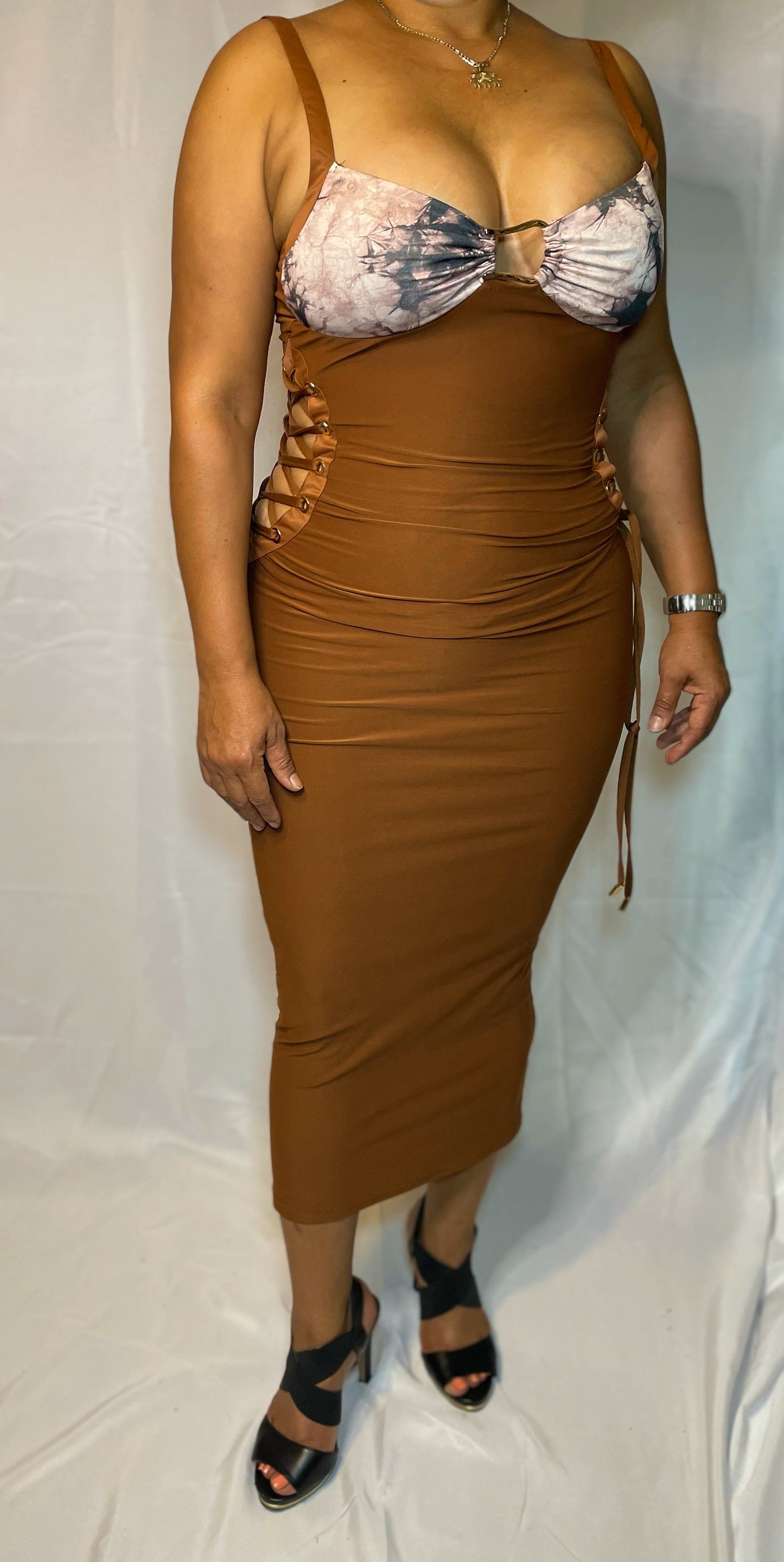 Johanny Marble Print Dress - Brown/Camel