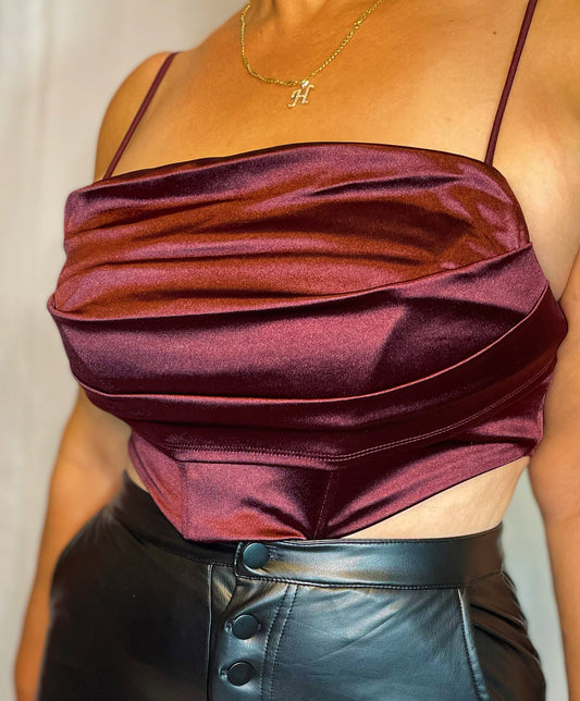 Maria Satin Corset Crop Top - Burgundy