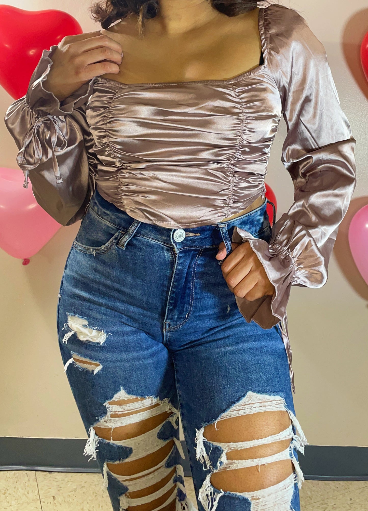Maddie Satin Ruched Top - Mauve