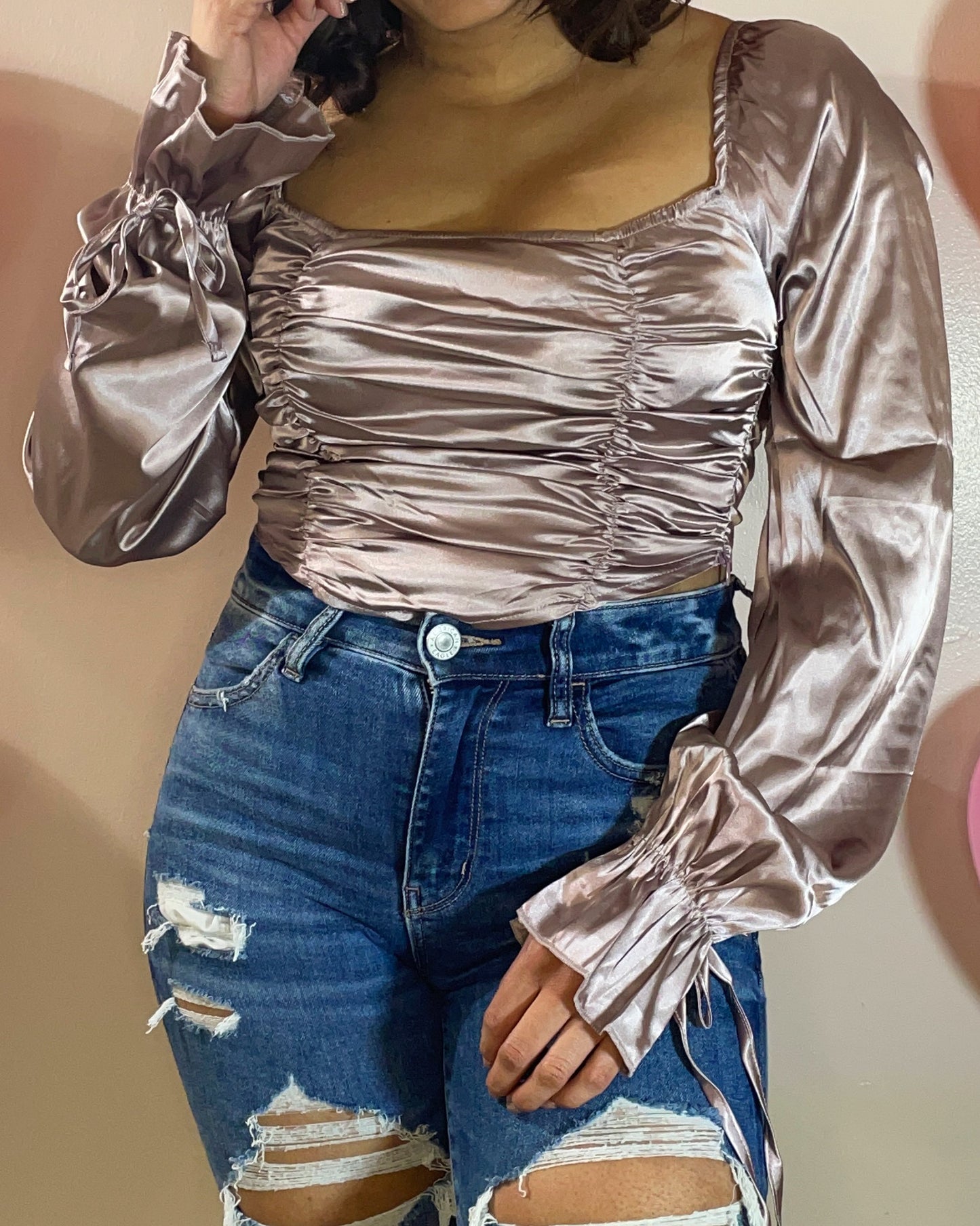 Maddie Satin Ruched Top - Mauve