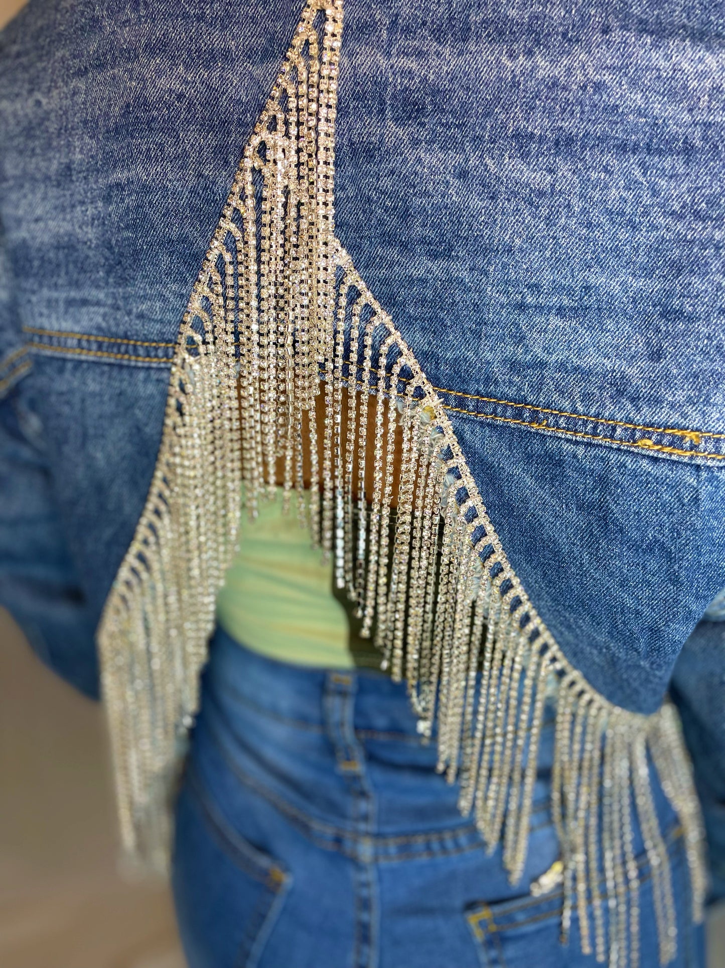 Yulii Fringe Rhinestone Jacket - Denim