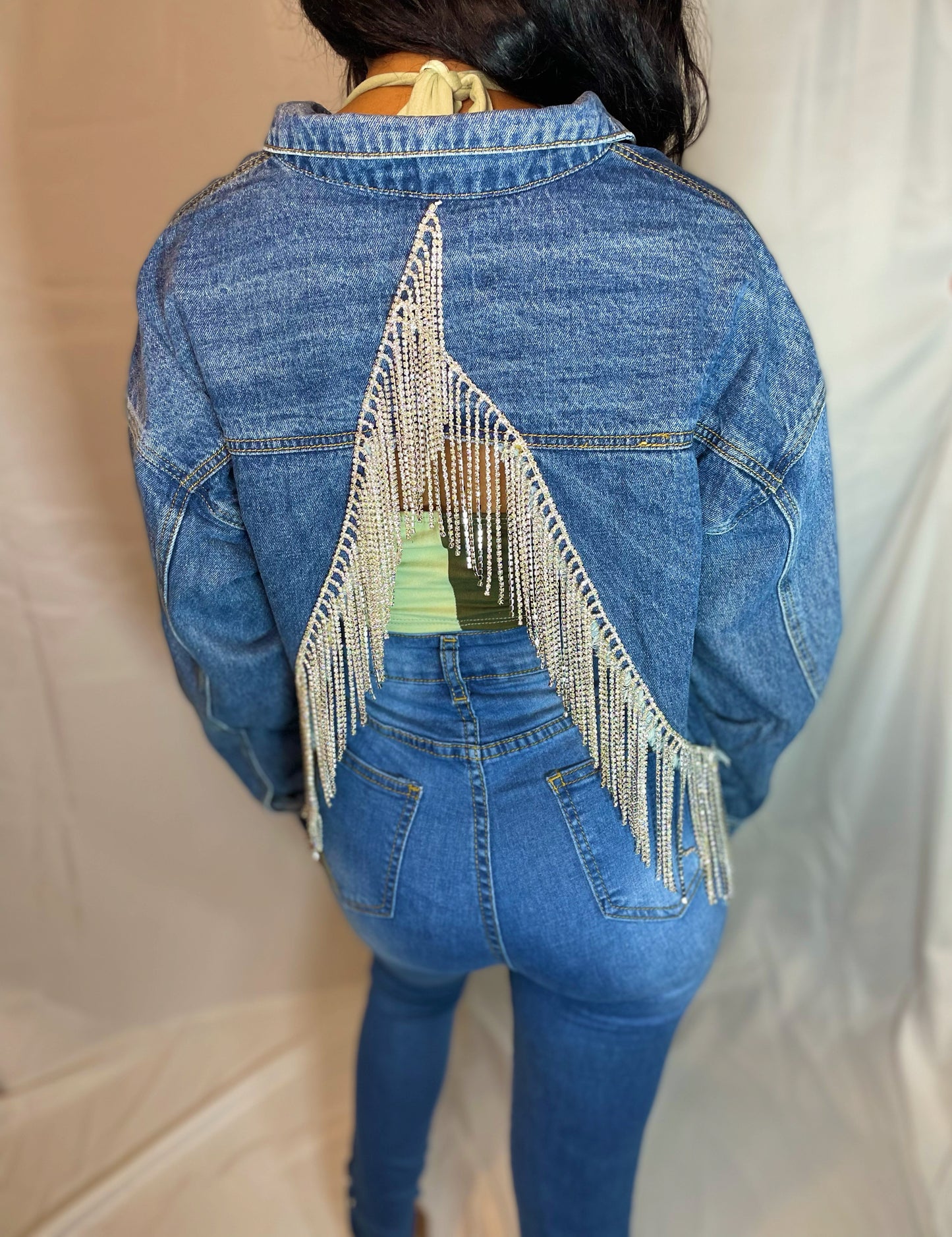 Yulii Fringe Rhinestone Jacket - Denim