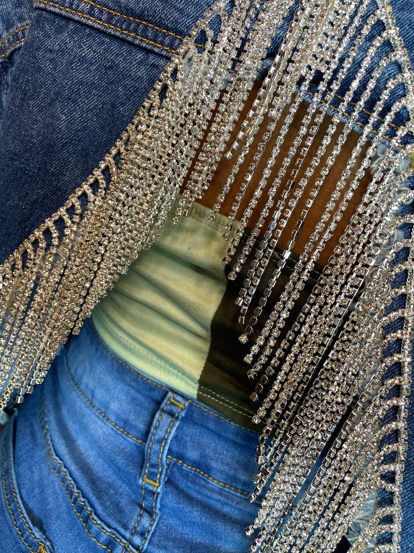 Yulii Fringe Rhinestone Jacket - Denim