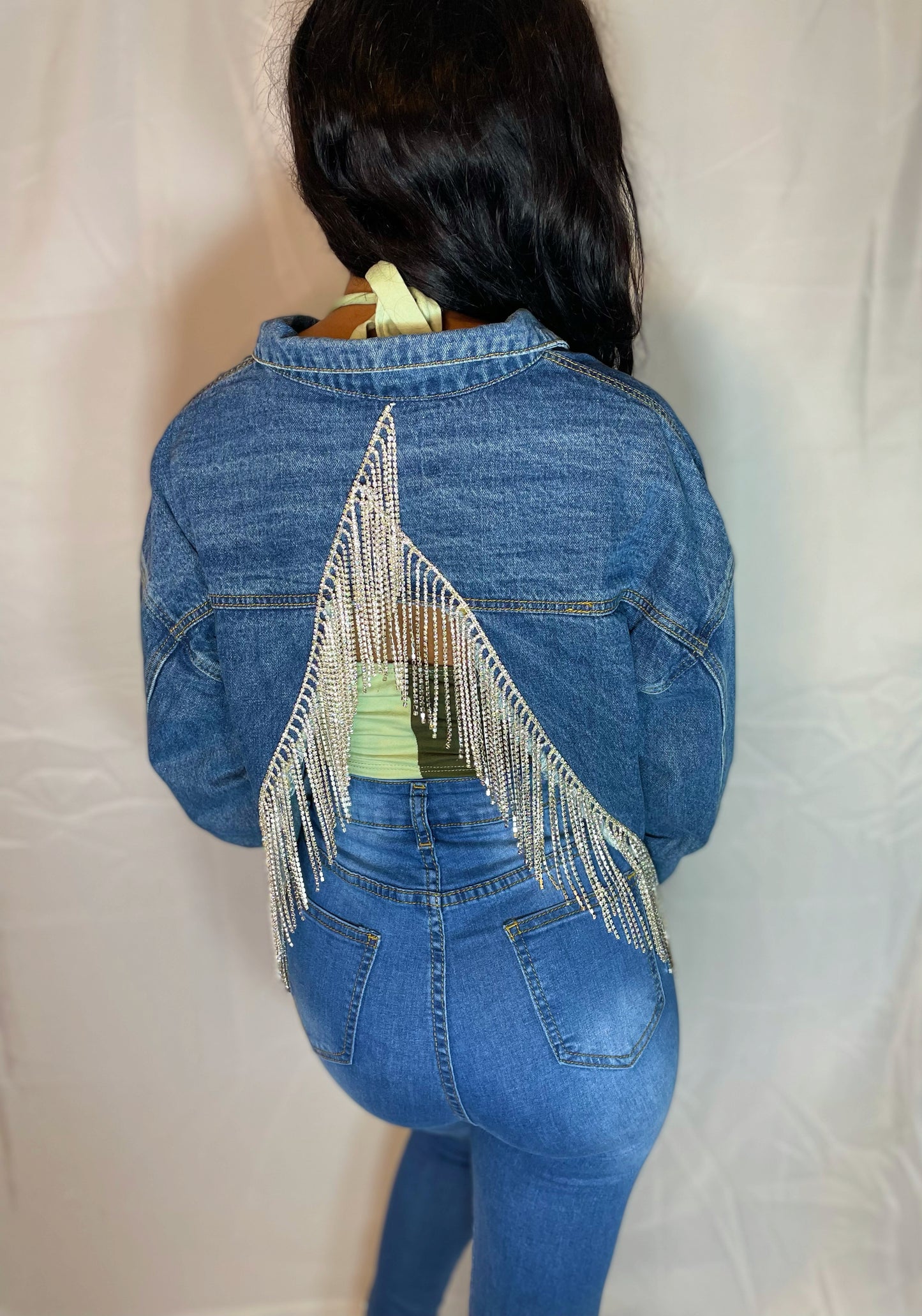 Yulii Fringe Rhinestone Jacket - Denim