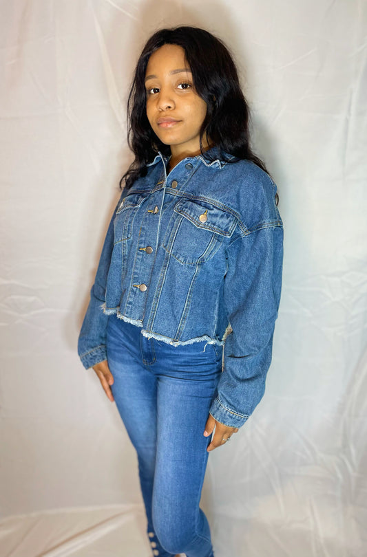 Yulii Fringe Rhinestone Jacket - Denim