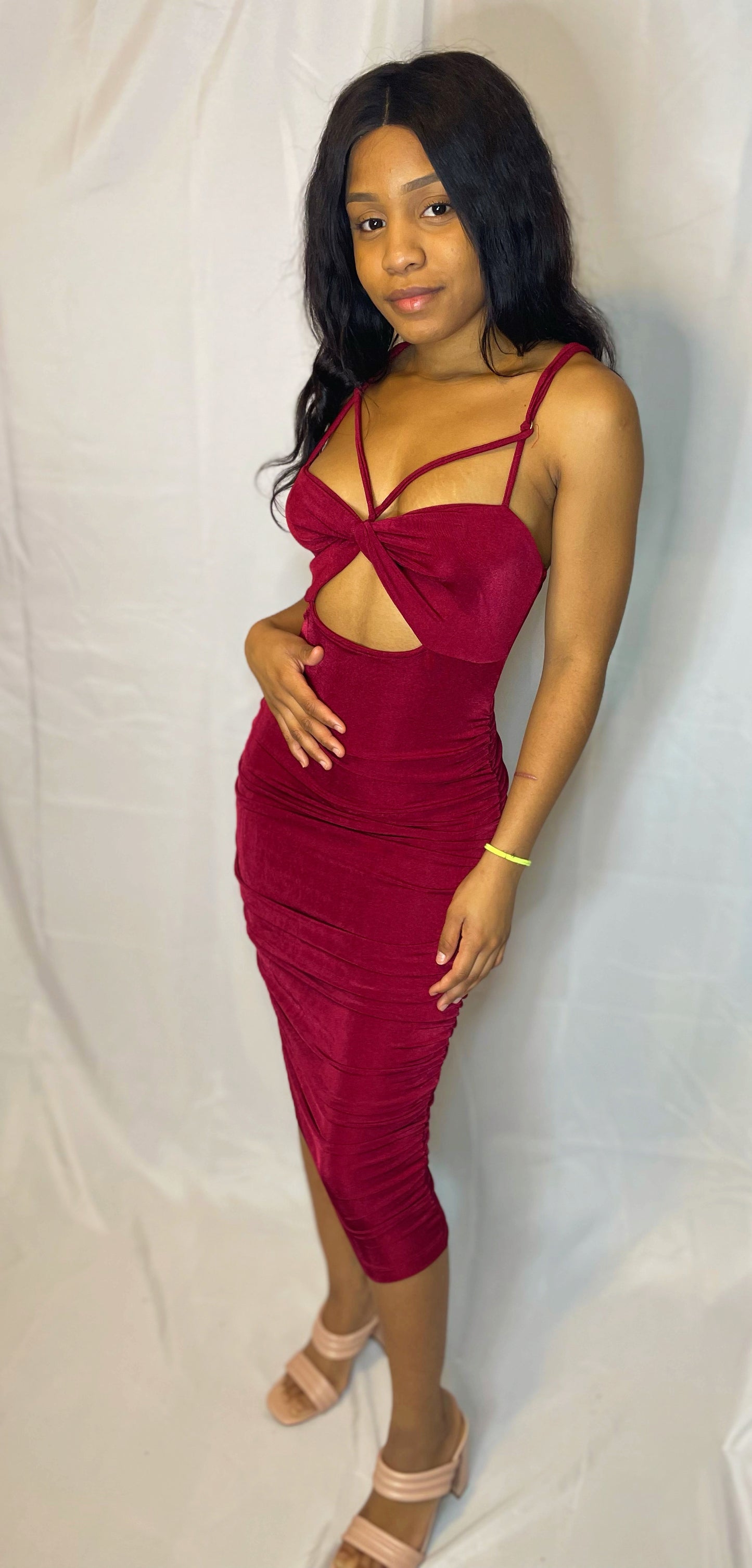 Dulce Rutched Midi Dress - Burgundy