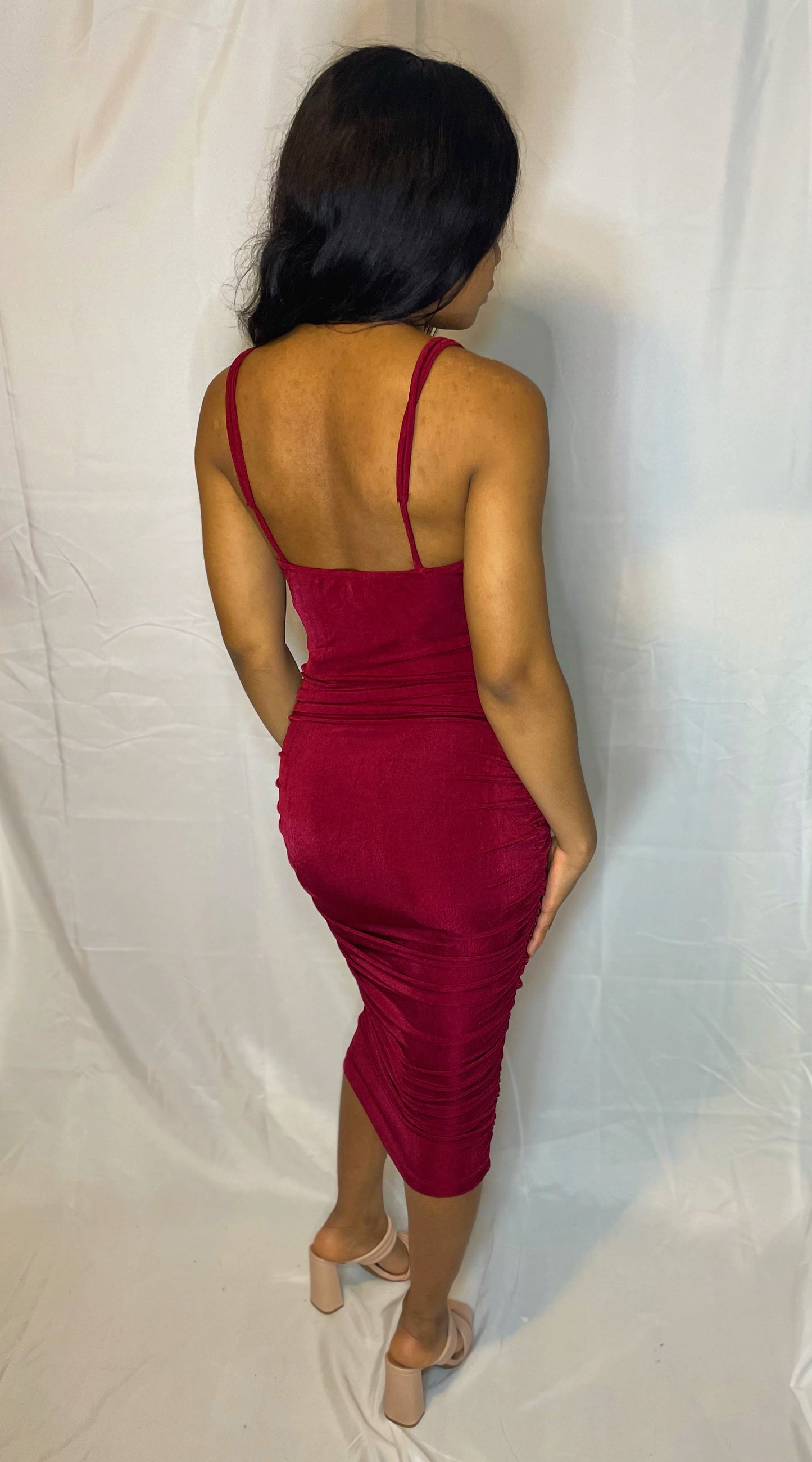Dulce Rutched Midi Dress - Burgundy