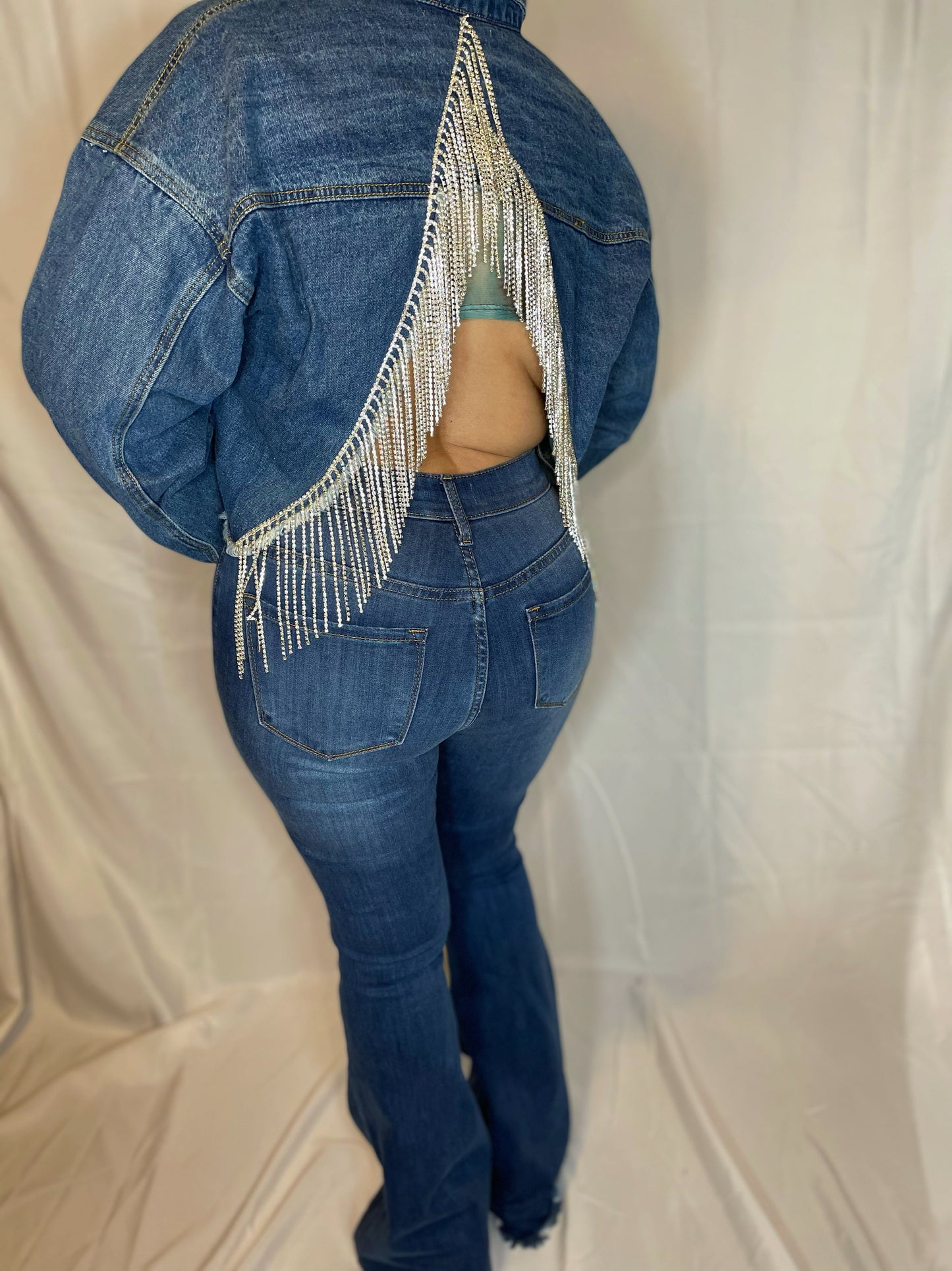Yulii Fringe Rhinestone Jacket - Denim