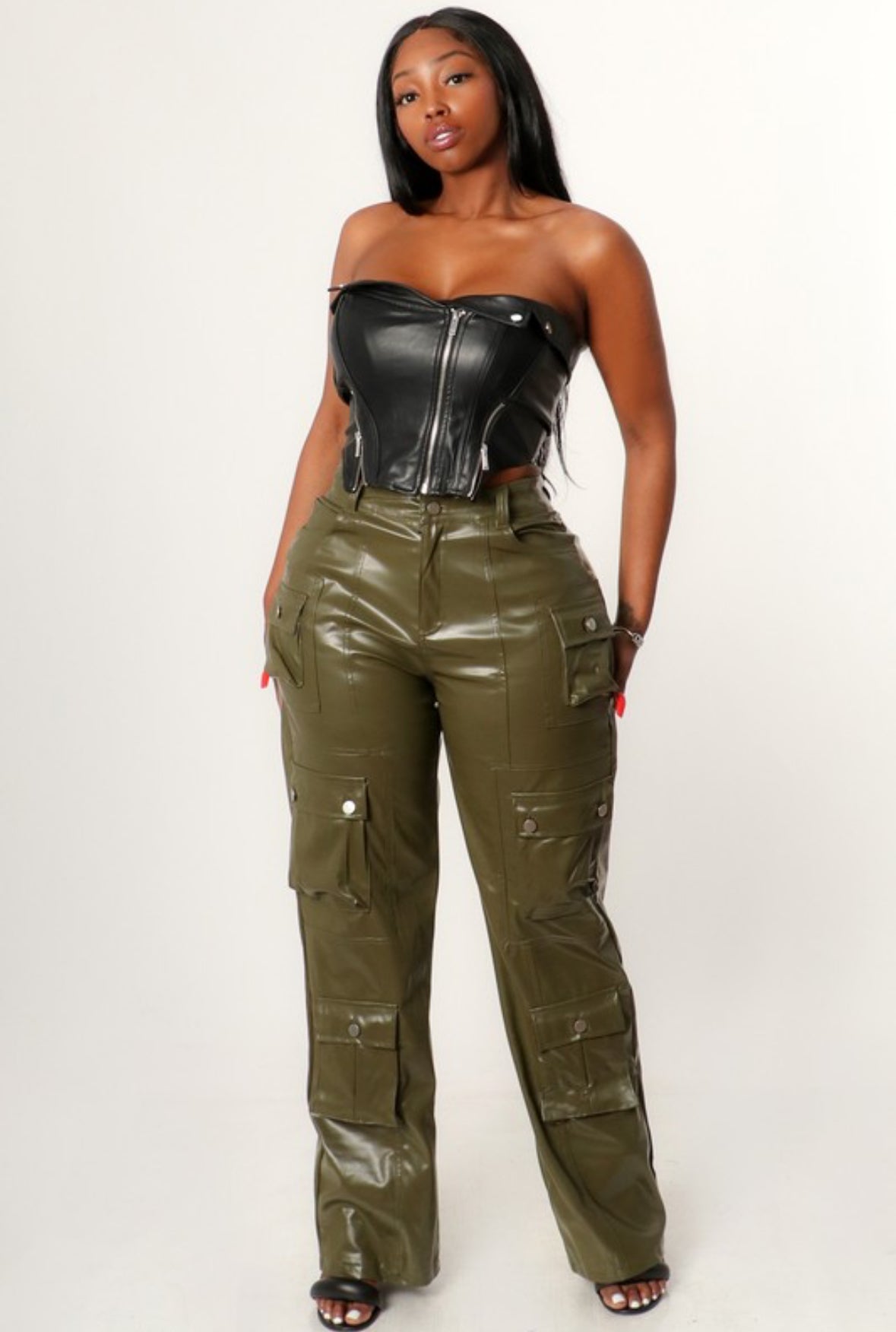 Faux Leather Cargo Pants - Olive