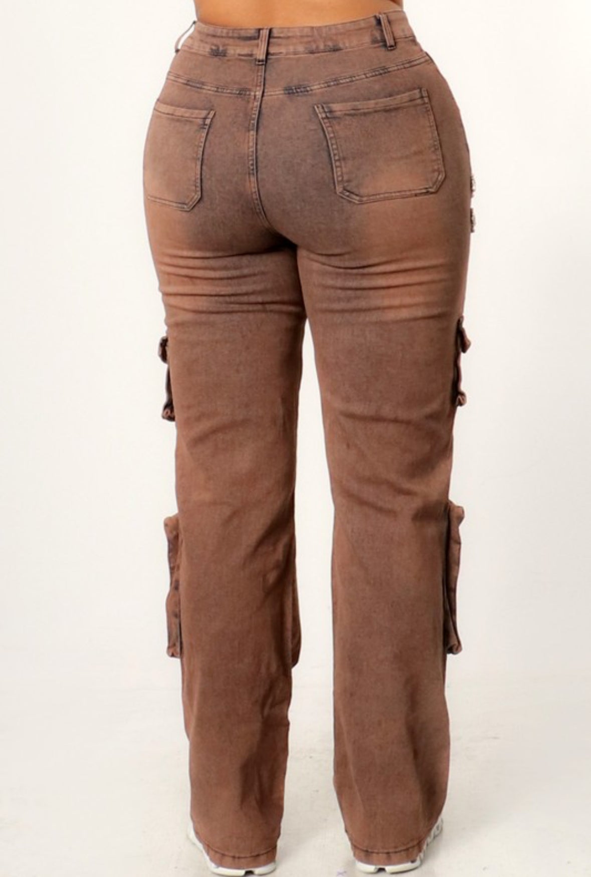 Rhinestone Fringe Cargo Jeans - Acid Bronze