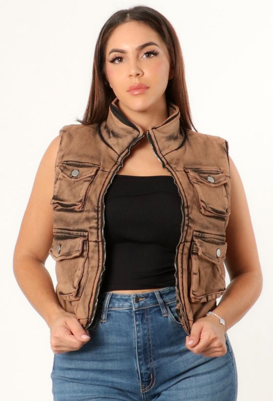 Denim Multi-Pocket Vest -Bronze Acid