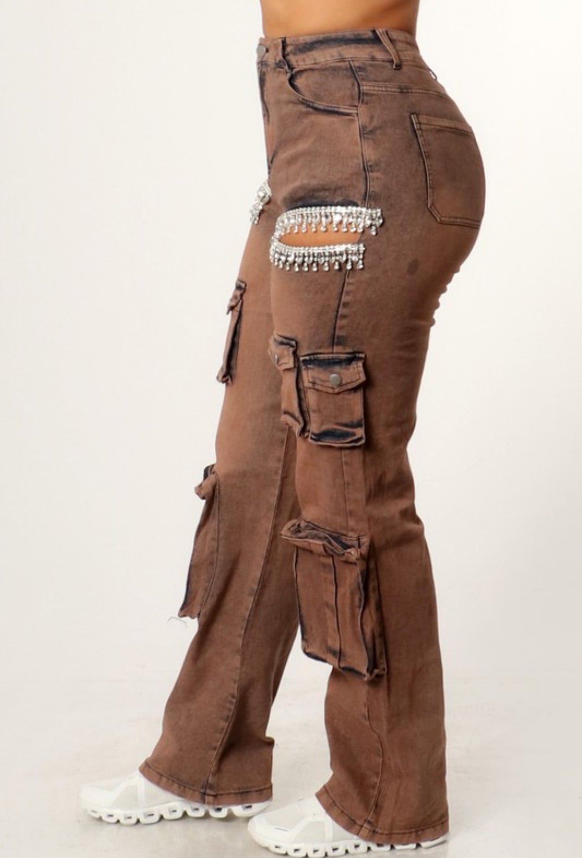 Rhinestone Fringe Cargo Jeans - Acid Bronze