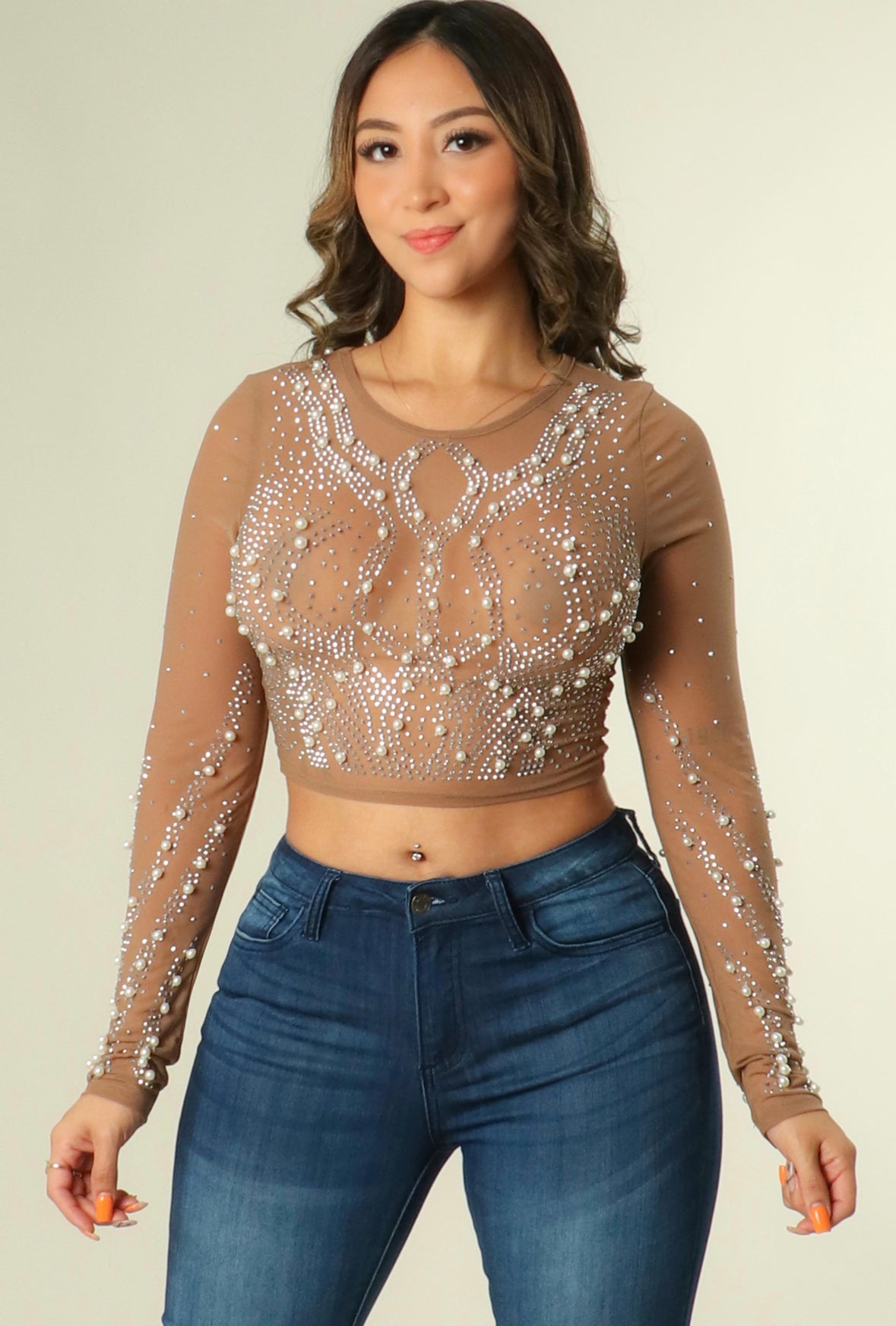 Pearl and Rhinestone Mesh Crop Top - Nude