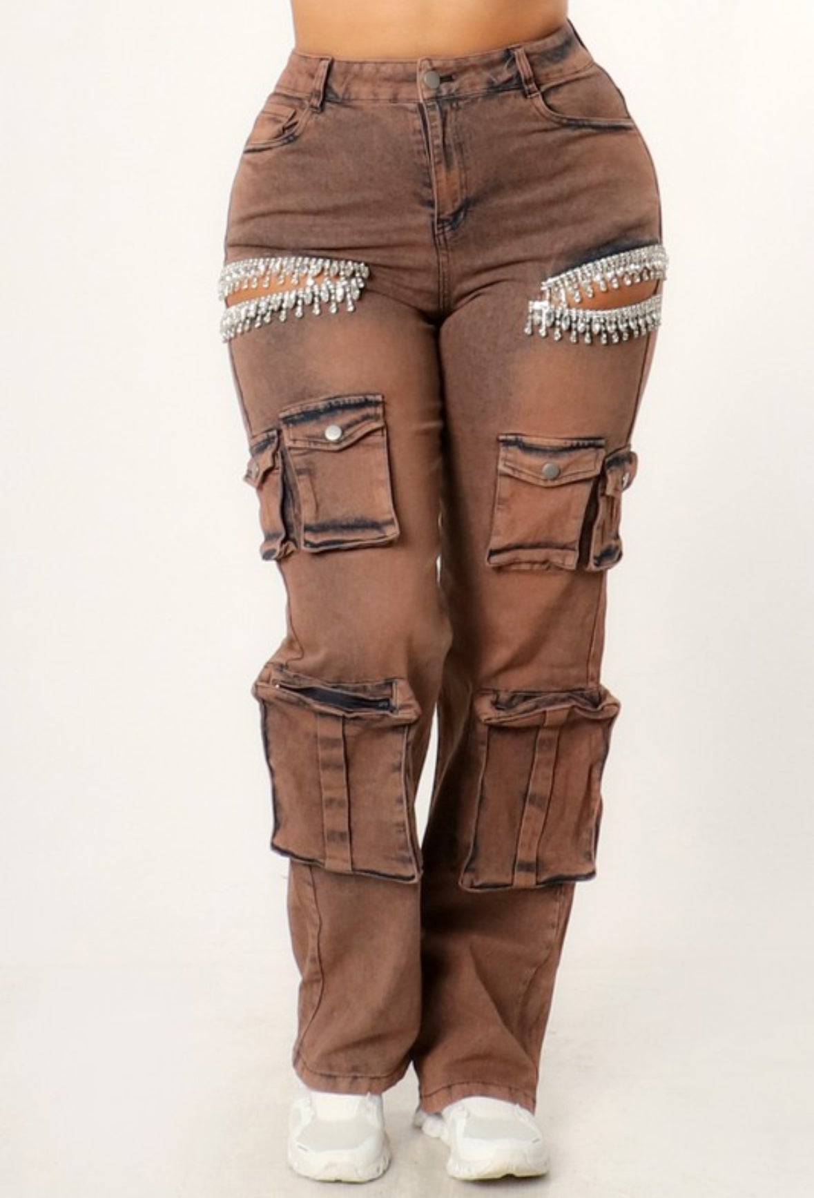 Rhinestone Fringe Cargo Jeans - Acid Bronze