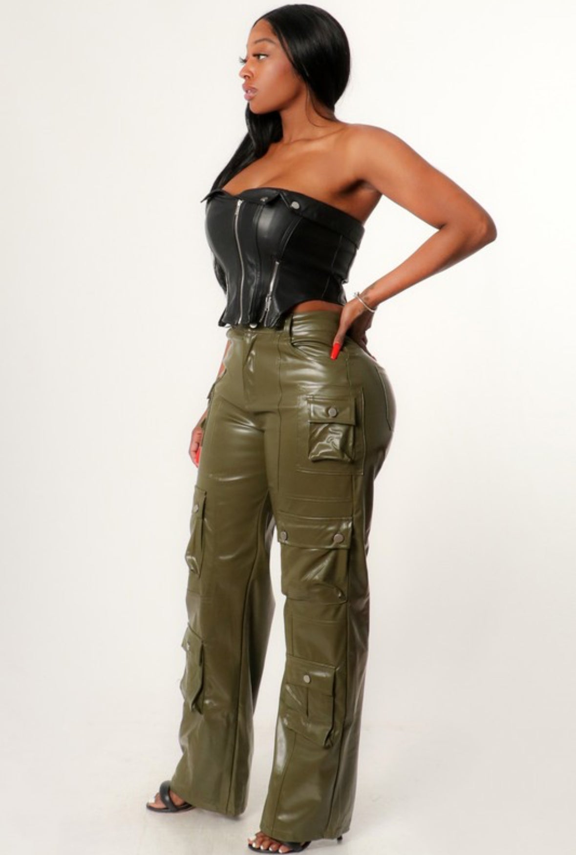 Faux Leather Cargo Pants - Olive