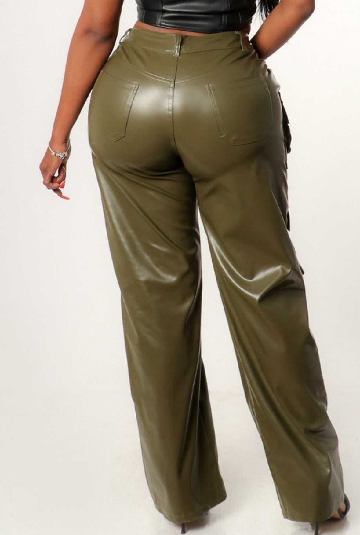 Faux Leather Cargo Pants - Olive