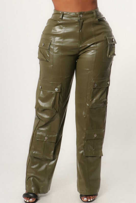 Faux Leather Cargo Pants - Olive