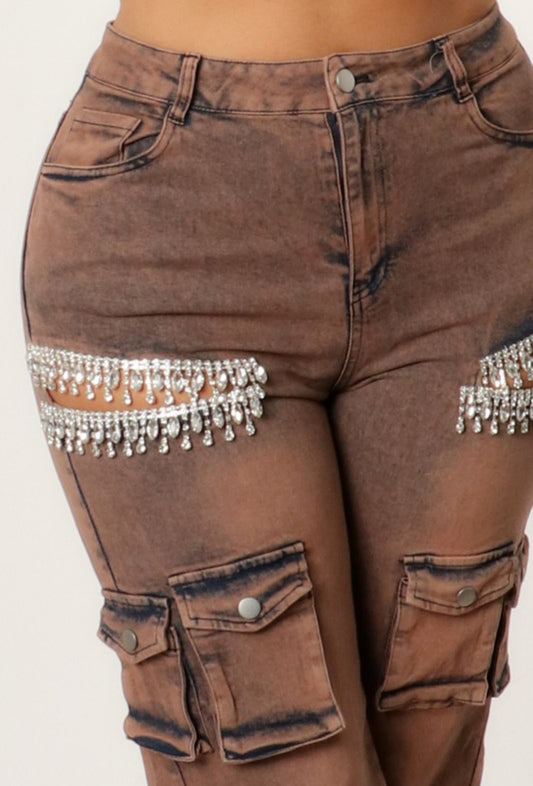 Rhinestone Fringe Cargo Jeans - Acid Bronze