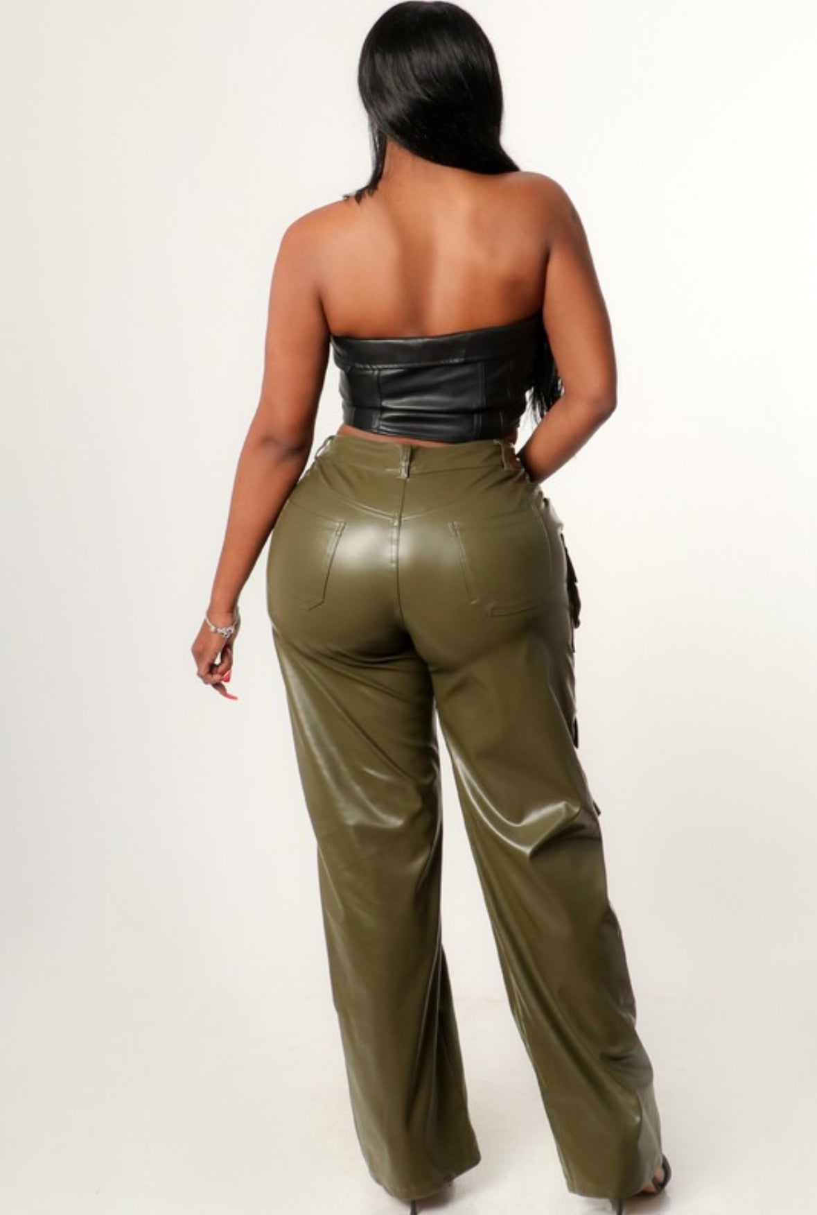 Faux Leather Cargo Pants - Olive