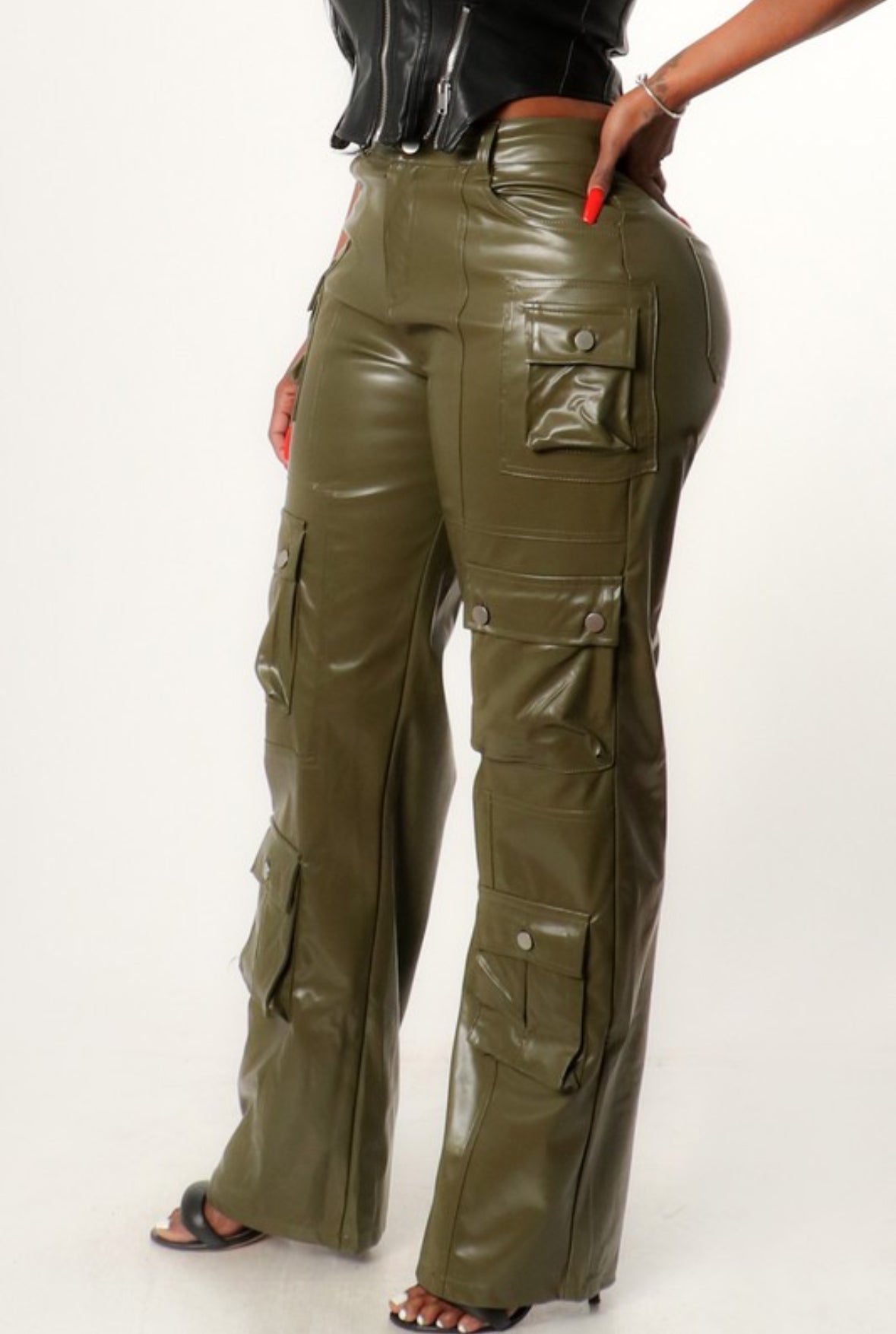 Faux Leather Cargo Pants - Olive