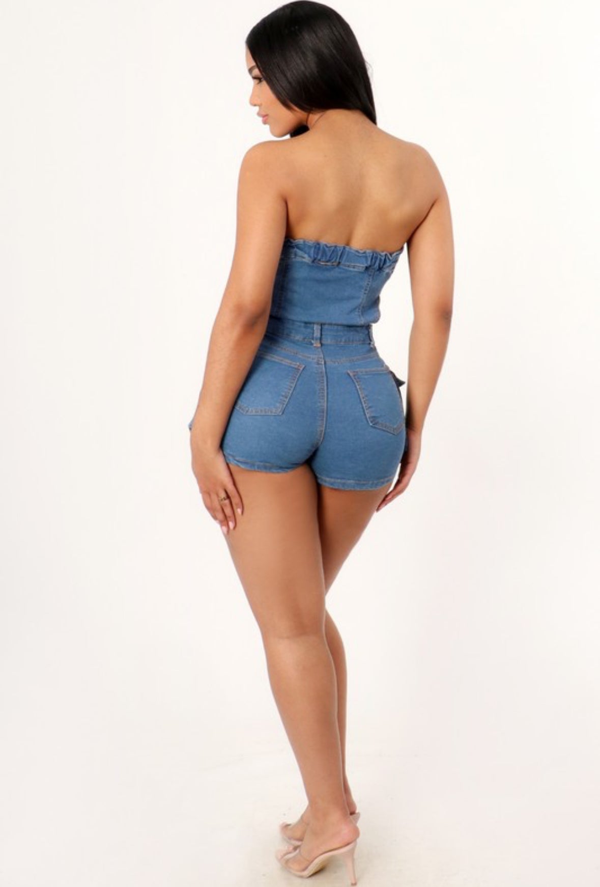 Strapless Cargo Denim Romper - Medium Denim