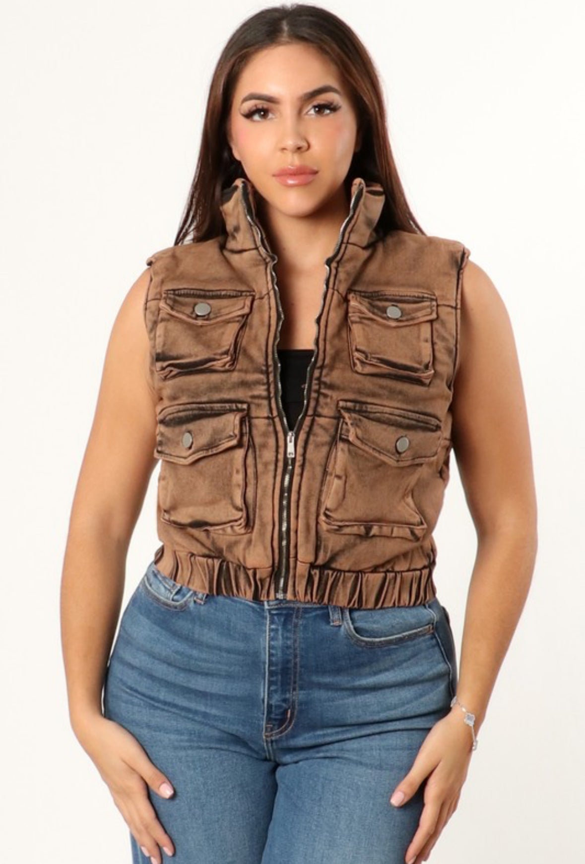 Denim Multi-Pocket Vest -Bronze Acid