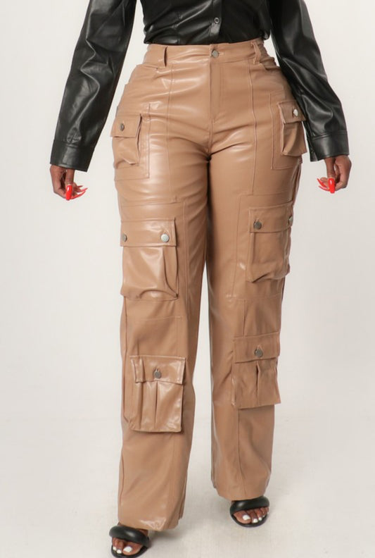 Faux Leather Cargo Pants - Taupe