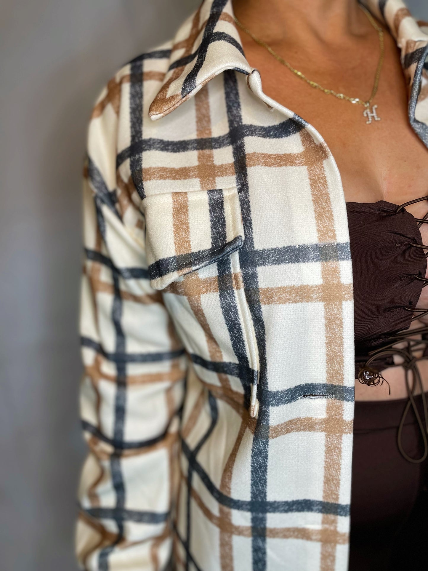 Ally Long Plaid Jacket - Nude/Brown