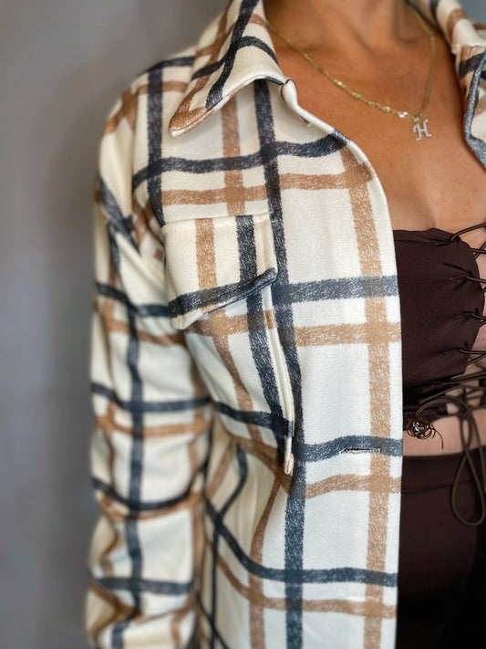 Ally Long Plaid Jacket - Nude/Brown