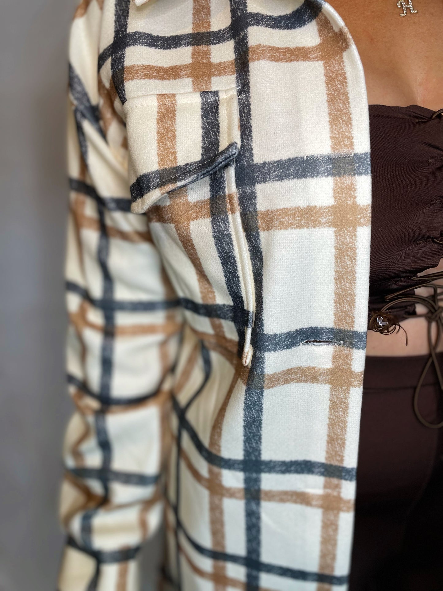 Ally Long Plaid Jacket - Nude/Brown