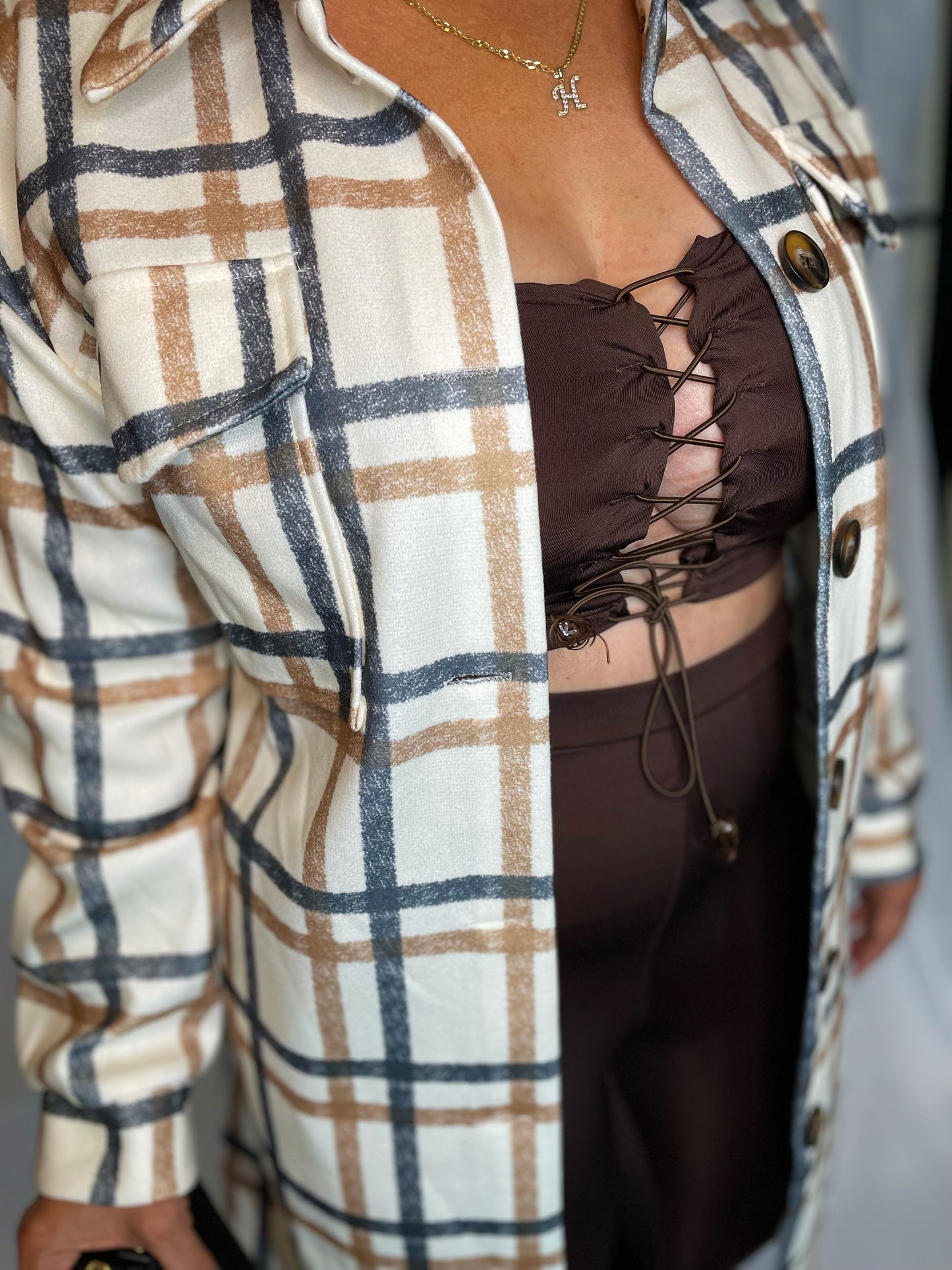 Ally Long Plaid Jacket - Nude/Brown