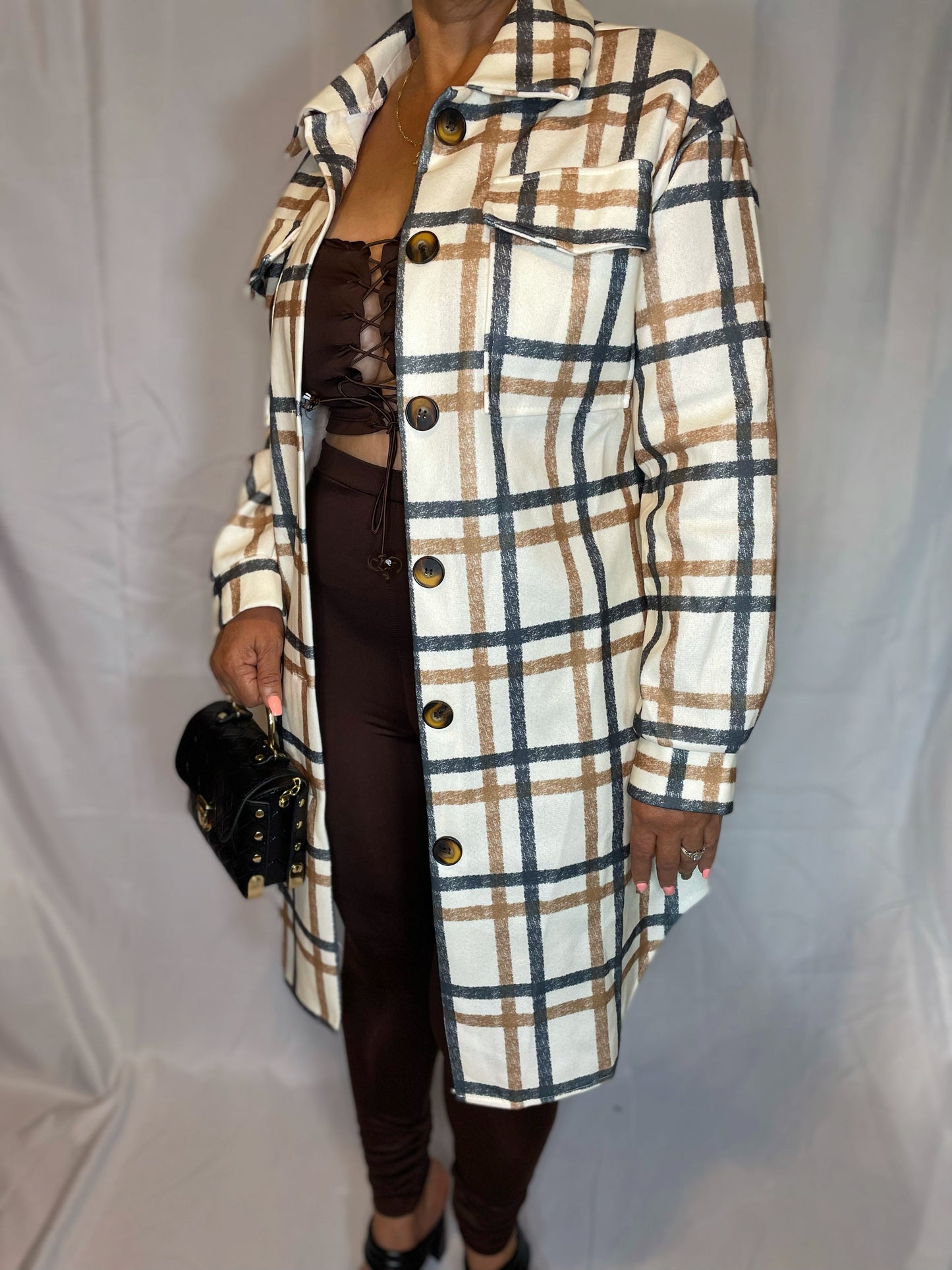 Ally Long Plaid Jacket - Nude/Brown