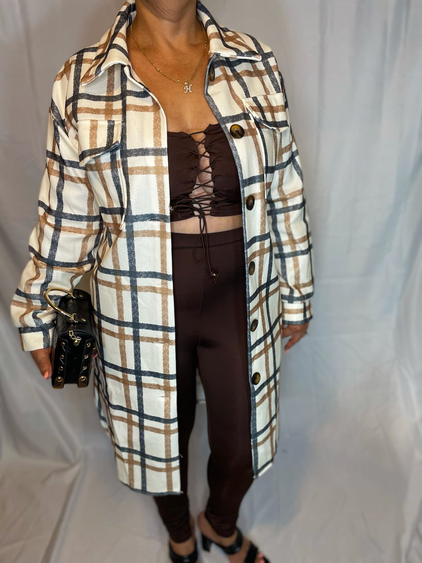 Ally Long Plaid Jacket - Nude/Brown