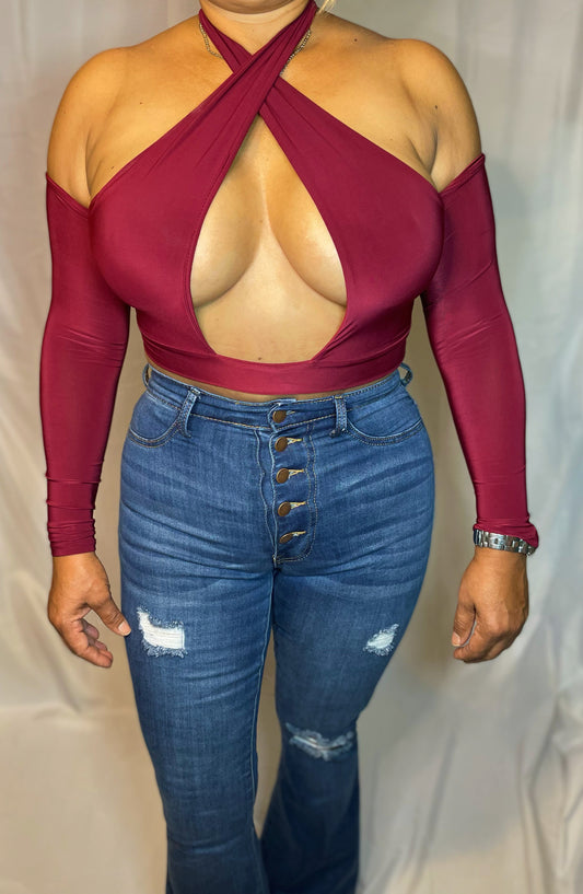 Eli Off Shoulder Halter Top - Burgundy