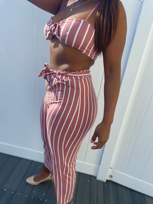 Stripe Crop Top and Caprice Pant Set - Blush