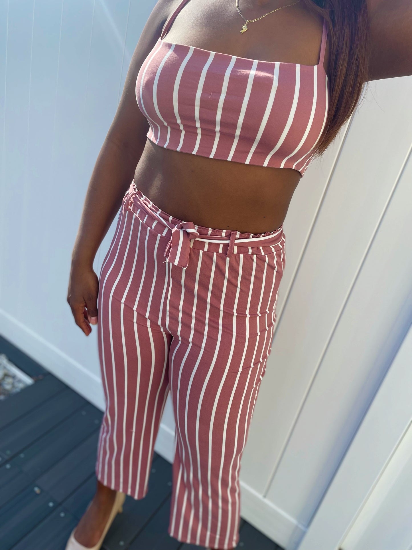 Stripe Crop Top and Caprice Pant Set - Blush