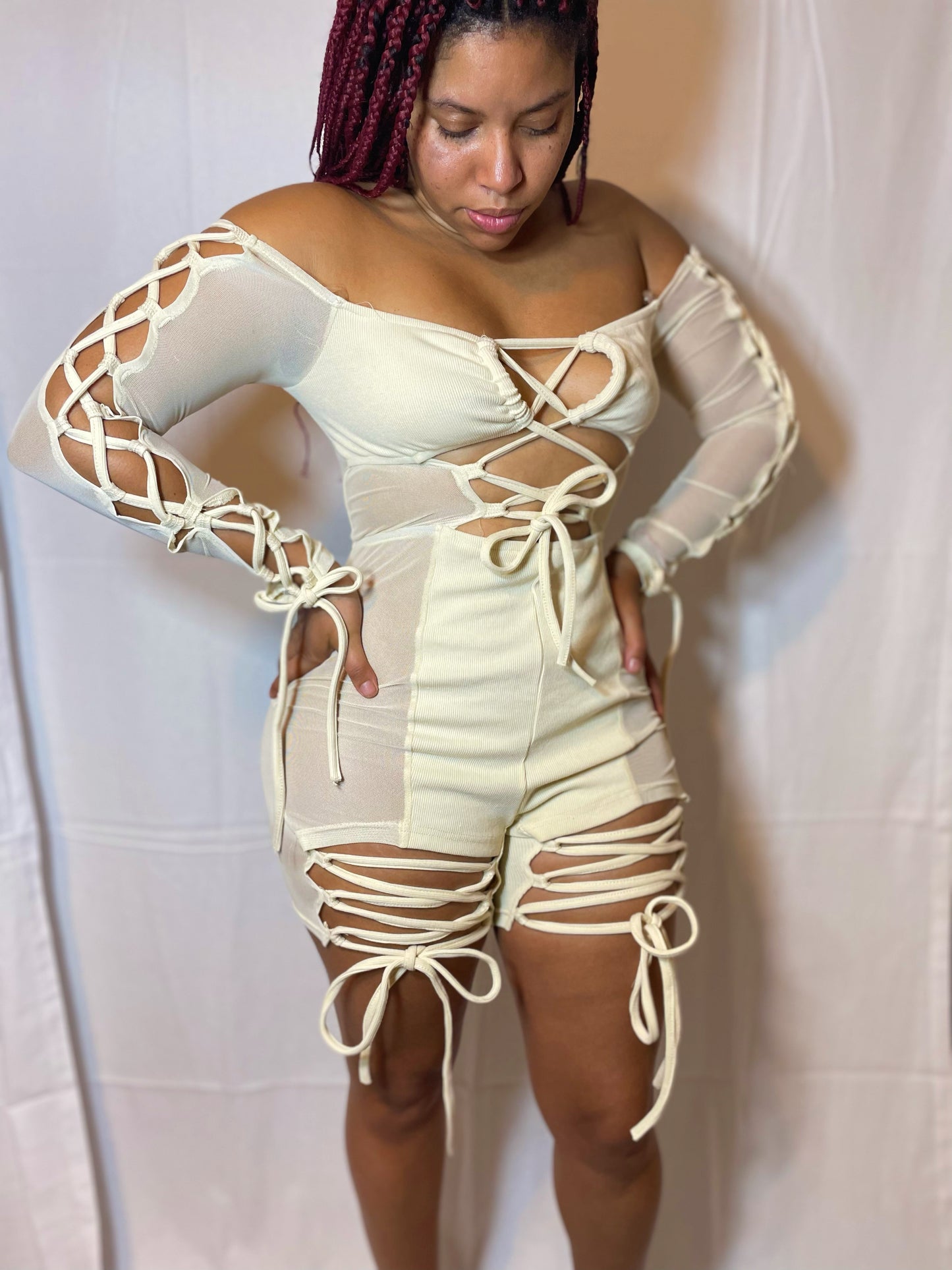 May Lace Up Romper - Cream