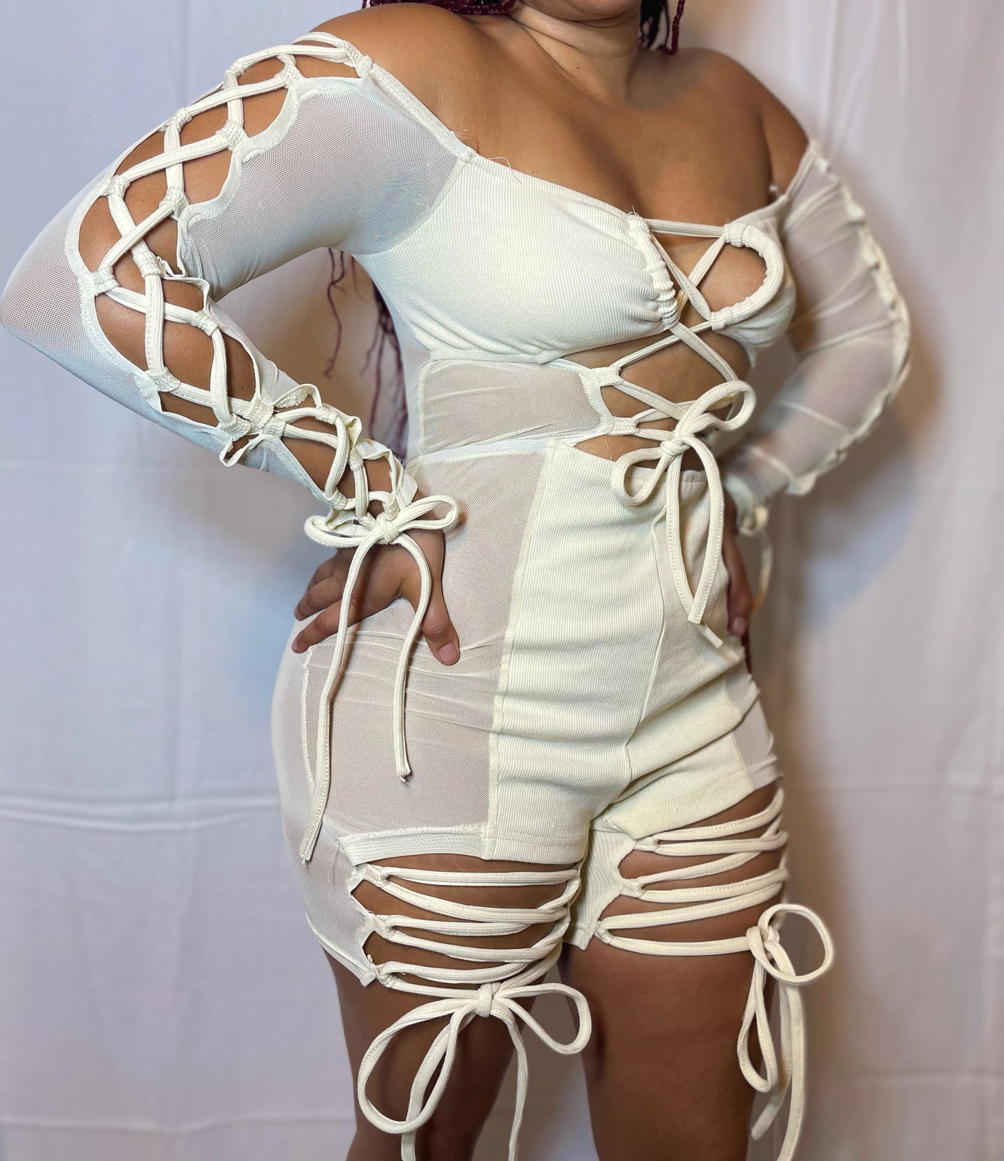 May Lace Up Romper - Cream